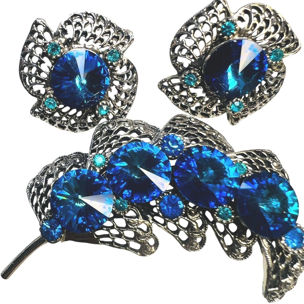 Vintage Demi Parure Rivoli Rhinestone Brooch Stud Earring Set‎ Royal Blue Green